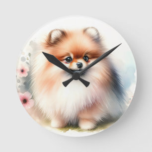 Horloge Ronde Image d'aquarelle mignonne Pomeranian