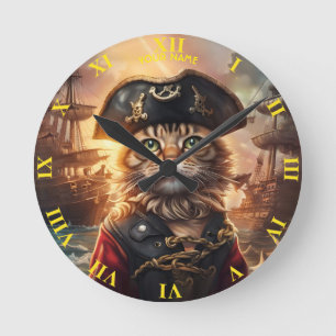 Horloge Ronde Imaginaire Cute Chat Pirate Casquette