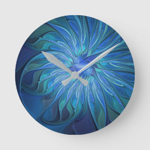 Horloge Ronde Imaginaire Fleur Bleue Motif, Art Fractal Abstrait