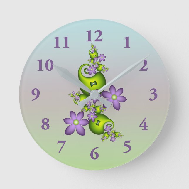 Horloge Ronde Imaginaire Floral Fleurs Lilac Formes vertes Fract (Recto)