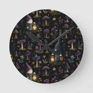 Horloge Ronde Imaginaire foncé Gnome et Motif de champignons