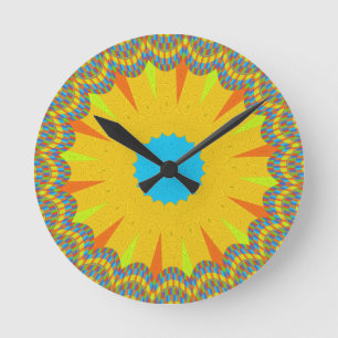 Horloge Ronde Impression Cyan et Gold Mandala Art