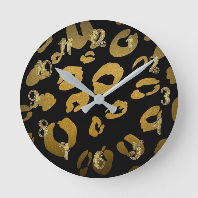 Horloge Ronde Imprimé Animalier Léopard Guépard Noir & Or (Recto)