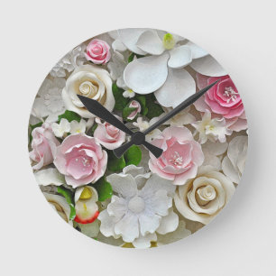 Horloge Ronde Imprimé floral rose et blanc