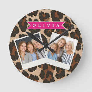 Horloge Ronde Imprimé léopard rose personnalisé chic imprimé ani