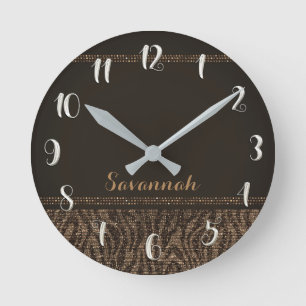 Horloge Ronde Imprimé Zèbre Brun Tan Paillettes Glamour Pailleté