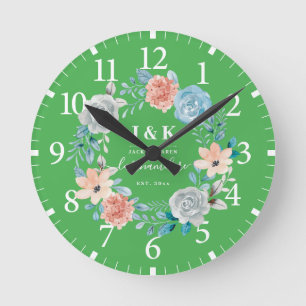 Horloge Ronde Initiales Florales Monogrammes Nom de famille pers