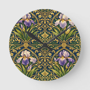 Horloge Ronde Iris Floral Art Nouveau Damassé