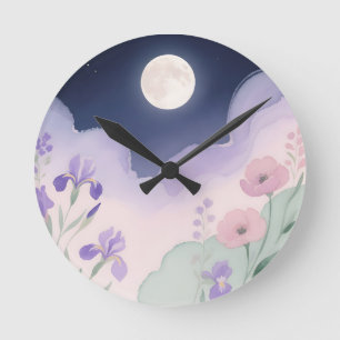 Horloge Ronde Iris Floral Nocturne à l'aquarelle sous la pleine 