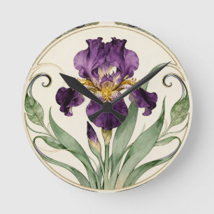 Horloge Ronde Iris Violet Art Nouveau