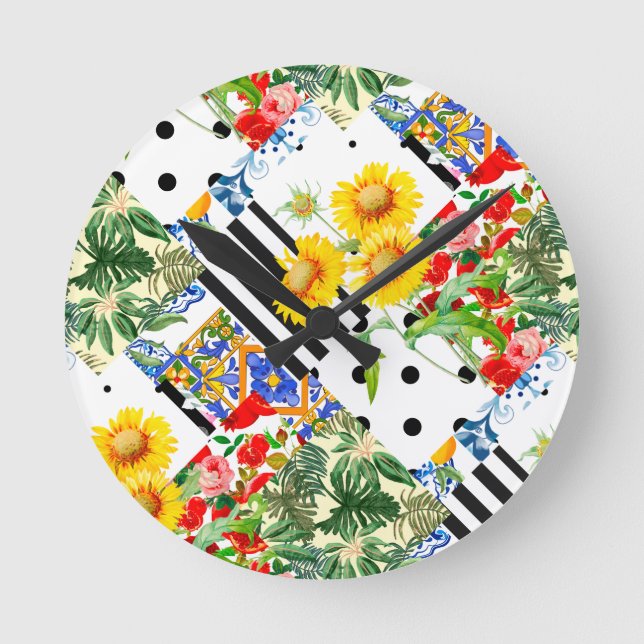 Horloge Ronde italien, art sicilien, patchwork, Fleurs d'été (Recto)