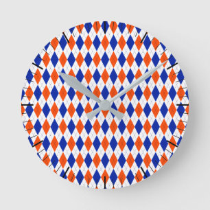 Horloge Ronde Jacquard Preppy traditionnel en orange et bleu