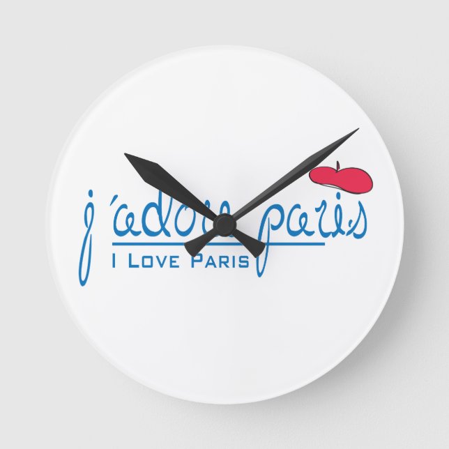 Horloge Ronde j'adore Paris (J'aime Paris) avec béret rouge (Recto)