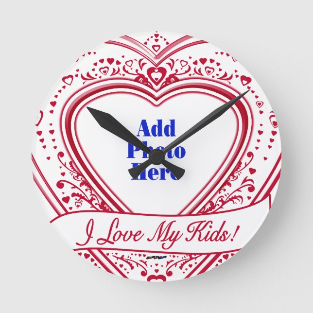 Horloge Ronde J'ai Love My Kids ! Photo Red Hearts (Recto)