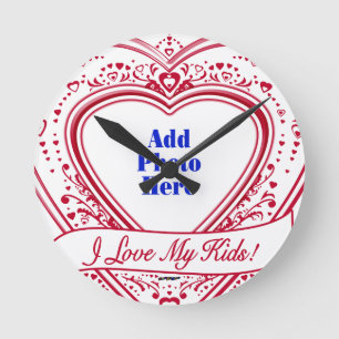 Horloge Ronde J'ai Love My Kids ! Photo Red Hearts