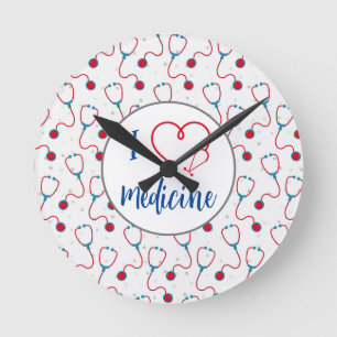 Horloge Ronde "J'aime la médecine" stethoscope médecin cadeau