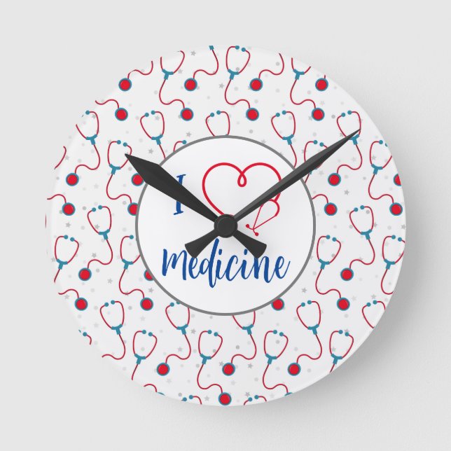 Horloge Ronde "J'aime la médecine" stethoscope médecin cadeau (Recto)