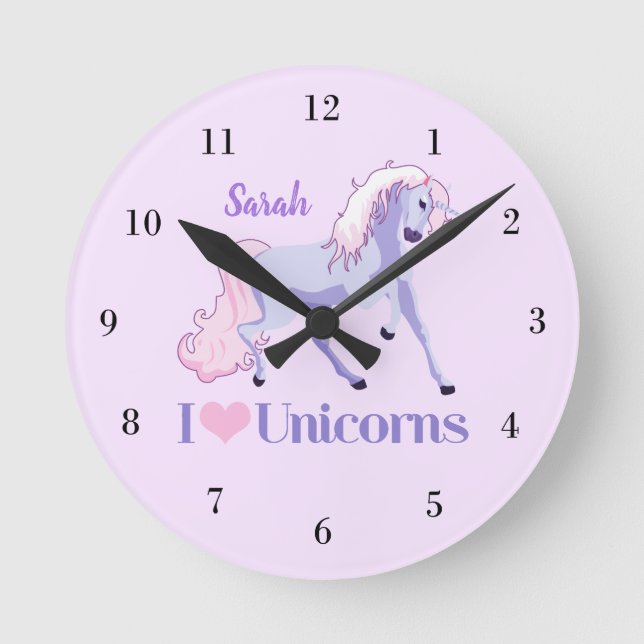 Horloge Ronde J'Aime Les Unicornes Mignonnes Rose Violet Les Fil (Recto)