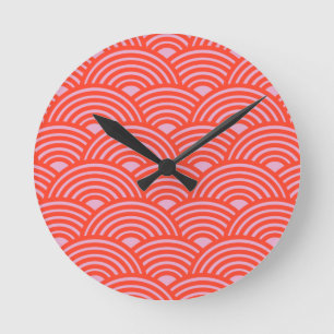 Horloge Ronde Japon Vague Seigaiha Motif rose rouge
