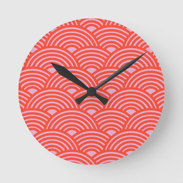 Horloge Ronde Japon Vague Seigaiha Motif rose rouge (Recto)
