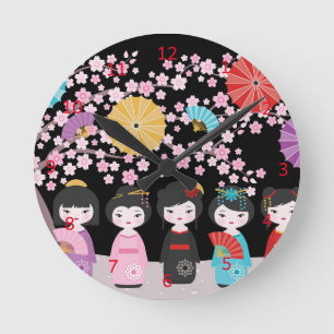 Horloge Ronde Japonais Kokeshi Dolls Noir