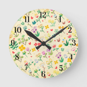 Horloge Ronde Jardin d'amour Fleurs de printemps et cœurs