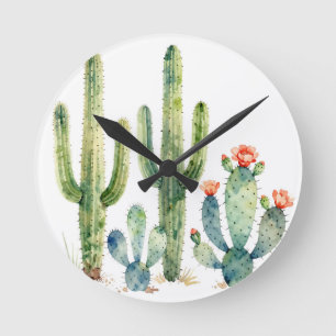 Horloge Ronde Jardin de cactus du désert à l'aquarelle