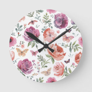 Horloge Ronde Jardin de papillons botanique floral aquarelle