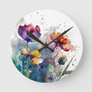 Horloge Ronde Jardin de rêves : Fleurs aquarelles abstraites