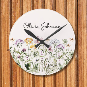 Horloge Ronde Jardin Fleur sauvage de nom personnalisé
