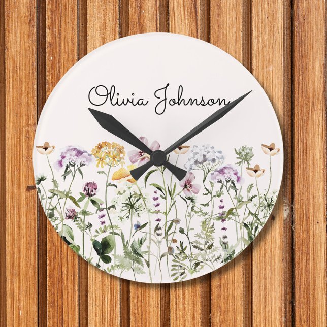 Horloge Ronde Jardin Fleur sauvage de nom personnalisé (In situ wall)