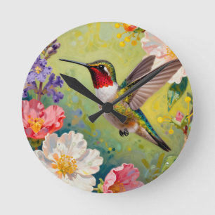 Horloge Ronde Jardin Floral Vibrant de Colibri