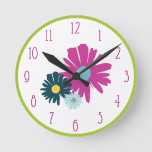 Horloge Ronde Jardin naturel fleur sauvage Mur rose bleu vert