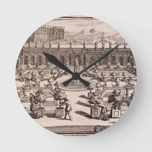 Horloge Ronde Jardiniers travaillant dans un jardin orange, de