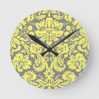 Horloge Ronde Jaune et gris Fancy Damask Motif