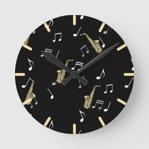 Horloge Ronde Jazzy Saxophone & Musical Notes 