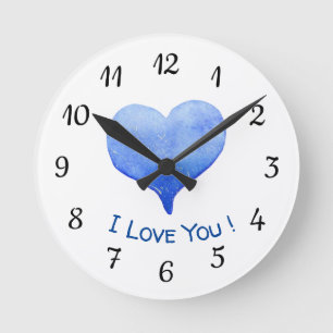 Horloge Ronde Je t'aime Cœur Bleu Mignon Saint-Valentin
