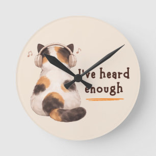 Horloge Ronde "J'en ai entendu assez" Chat portant un casque aud