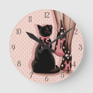 Horloge Ronde Jeune femme élégante et chat noir