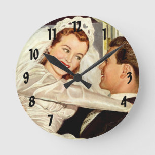 Horloge Ronde Jeunes mariés de mariage vintage, heureuse mariée 