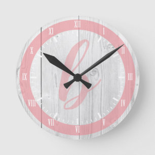 Horloge Ronde Joli bois blanc Imprimer et Saumon rose Monogramme