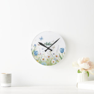 Horloge Ronde Joli bouquet de fleurs sauvages de printemps vert