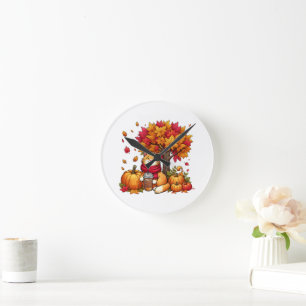 Horloge Ronde Joli Chat d'Automne avec Citrouilles de Café Glacé