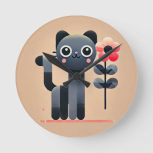 Horloge Ronde Joli chat de dessin animé tenant une fleur