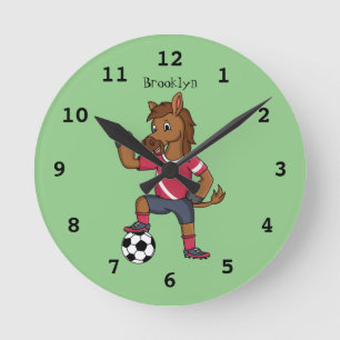 Horloge Ronde Joli cheval drôle jouant dessin de football