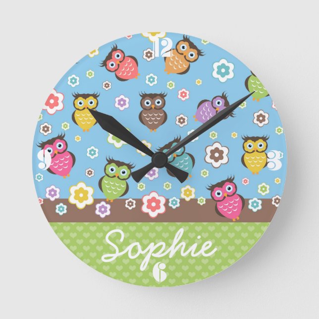 Horloge Ronde Joli chouettes et fleurs à la mode motif (Recto)