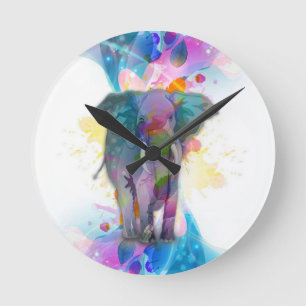 Horloge Ronde joli coloré aquarelle éclabousser éléphant