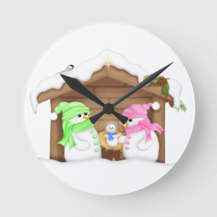 Horloge Ronde Joli Crèche de Noël Bonhomme de Neige