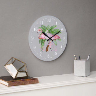 Horloge Ronde Joli décor de flamant rose rose plage Grande Horlo