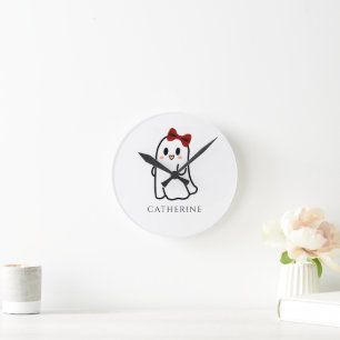 Horloge Ronde Joli Fantôme de Halloween avec Nœud Rouge Féminin